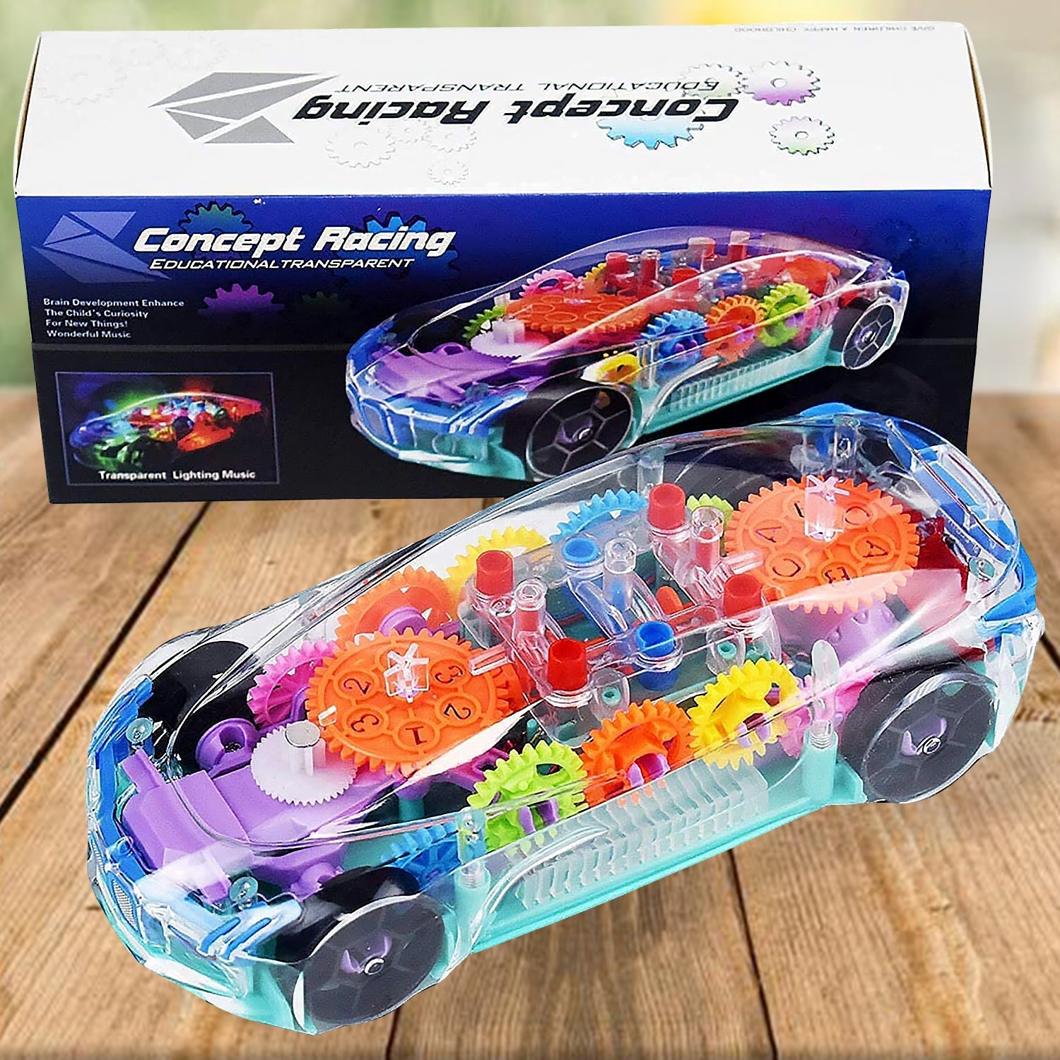 Automatic 360 Degree Rotating Transparent Gear Concept Car with Musical and 3D Flashing Lights Toy for Kids Boys & Girls (Multicolor / Battery Not Included) - Discount Karo