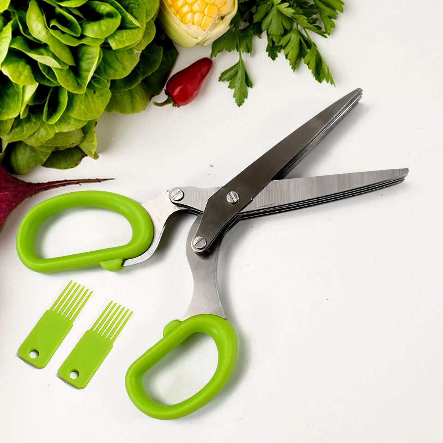 Herb Cutter Scissors 5 Blade Scissors Kitchen Multipurpose Cutting Shear with 5 Stainless Steel Blades & Safety Cover & Cleaning Comb Cilantro Scissors Sharp Shredding Shears Herb Scissors Set - Discount Karo