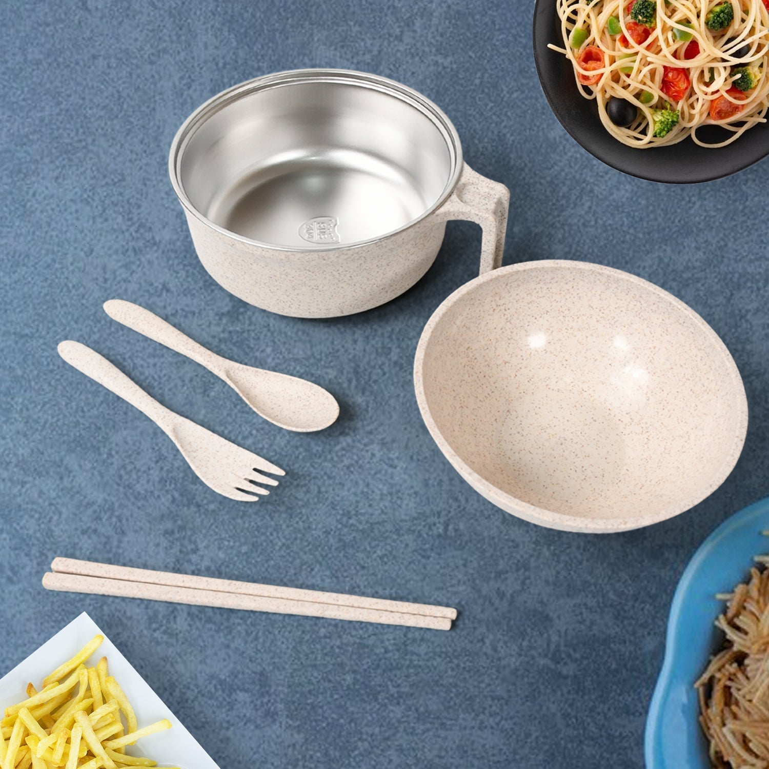 Rice Bowl Noodle 1 Bowl with 1 Lid and Handle Wheat Straw Noodle Bowls with Wheat Straw 1 Fork, 2 Chopsticks, 1 Spoon for Soup Salad Cooker Snack Set (6 Pcs Set) - Discount Karo