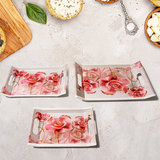 Plastic Rectangular Shape Flower Printed Design Serving Tray 3 pcs Home and Kitchen Use (3 pcs set) - Discount Karo