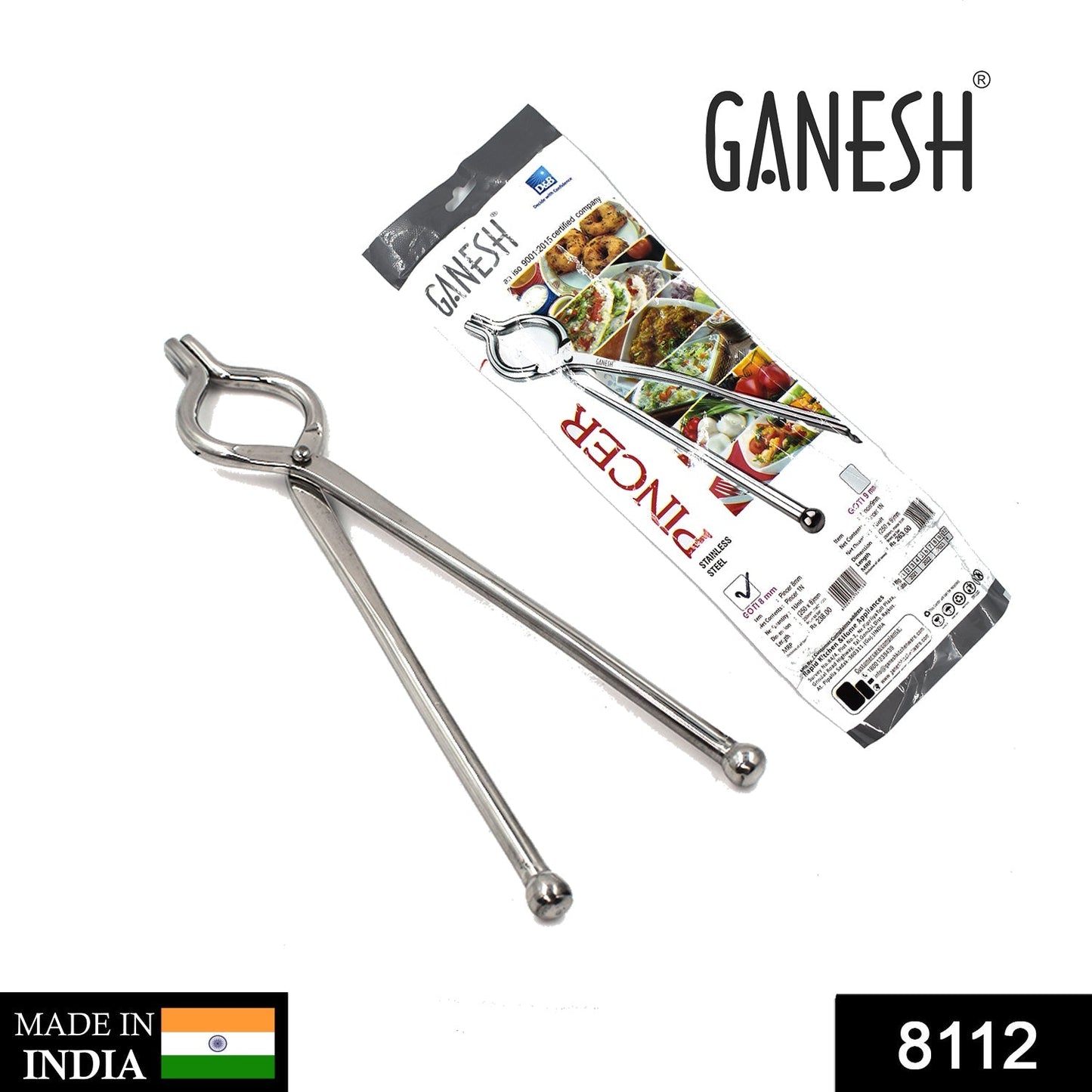 8112 Ganesh Premium Quality Unbreakable Stainless Steel Goti Sandsi/Sansi/Pakkad/Pincer/Chimta/Tongs/Utensil Holder Smart Kitchen Tool - 8mm 