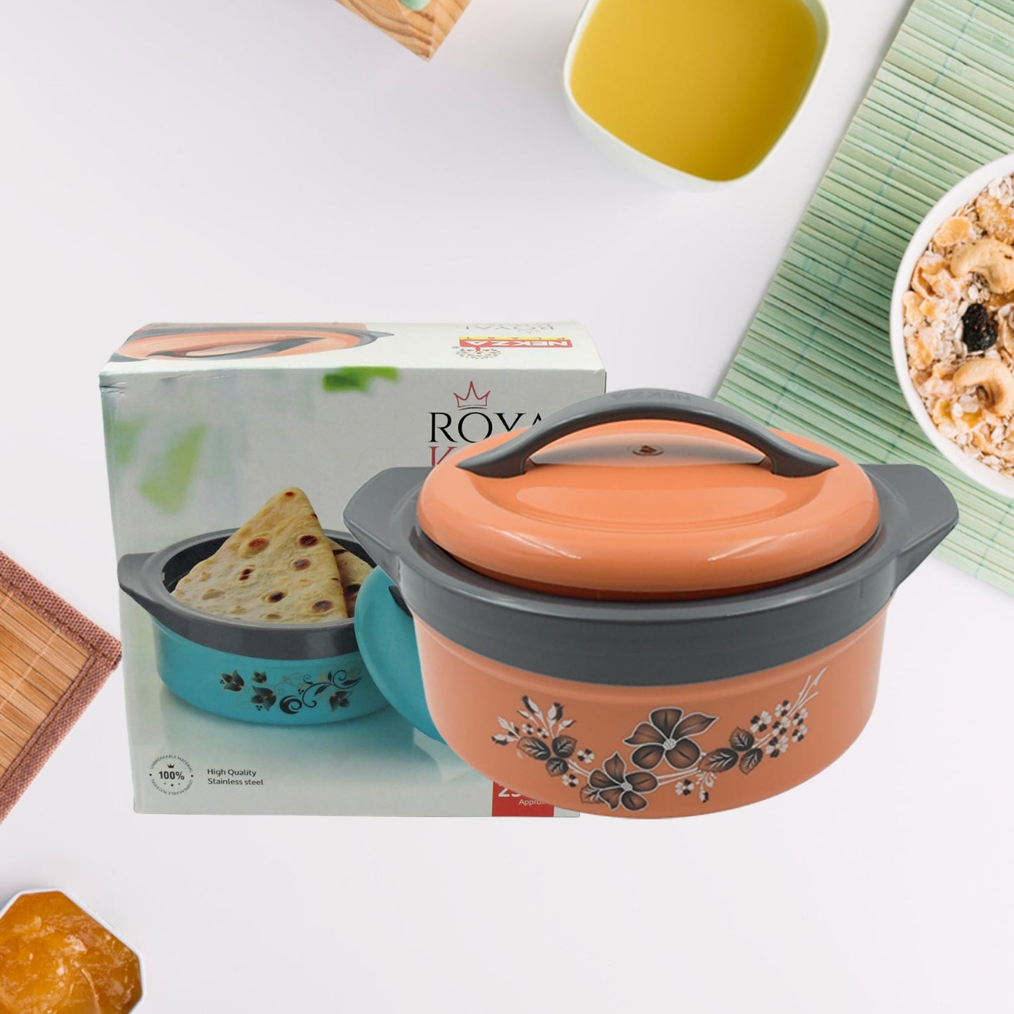 Casserole Box for Food Searving Inner Steel Insulated Casserole Hot Pot Flowers Printed Chapati Box for Roti Kitchen (Approx 2500 ml) - Discount Karo