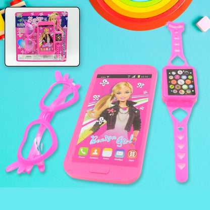 Barbiee Phone, Watch and Glasses Set for Girls, Beautiful Barbie Musical phone ABS Plastic Toy Battery Operated Barbie Glass | Musical Mobile Phone  / Toddler / Toy Phone for Kids / Calling Toy Phone (3 Pcs Set, Battery Not Included) - Discount Karo