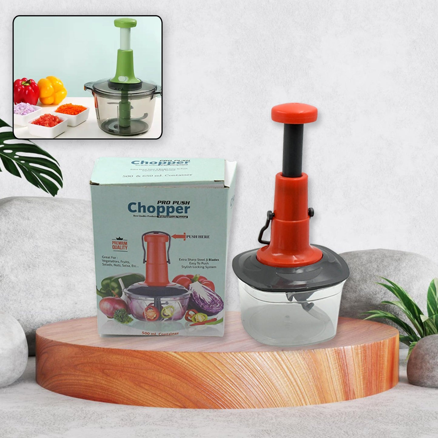 Manual Food Chopper (650ml): 3 Stainless Steel Blades, Locking System, Anti-Slip Base - Discount Karo