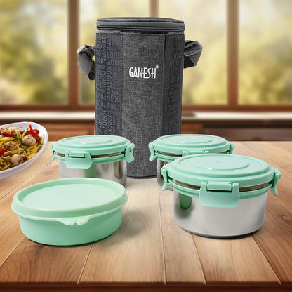 Ganesh 4In1 Tiffin Box-Lunch Box | 3 Stainless Steel Containers 300 Ml Approx & Plastic Salad Container 200 Ml Approx| Plastic lid Box | Round Zip Bag | Leak Proof | Microwave Safe for Office, College and School for Men, Women  - Discount Karo