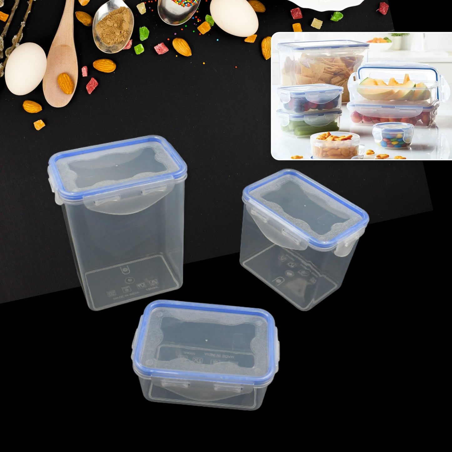 Kitchen Storage Container Set with Food Grade Plastic and Air Seal Lock Lid for Storage of Grocery, Spices, Dry fruits Use For Home, Office, Restaurant, Canteens (3 Piece Set) - Discount Karo