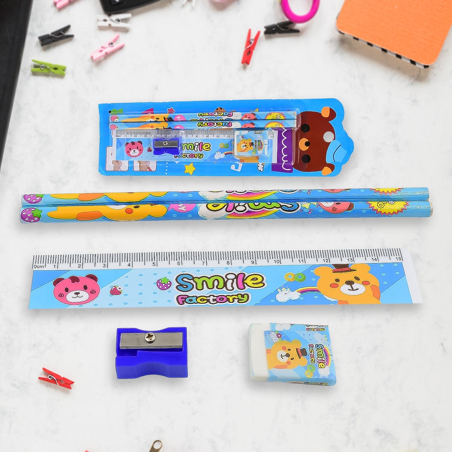 Cartoon Wooden Pencil Set for Kids Boys Return Gifts Birthday Party Space Stationary Set Pencil Eraser Sharpener Combo Kit for Kids Boys (Mix Color / 1 Set) - Discount Karo