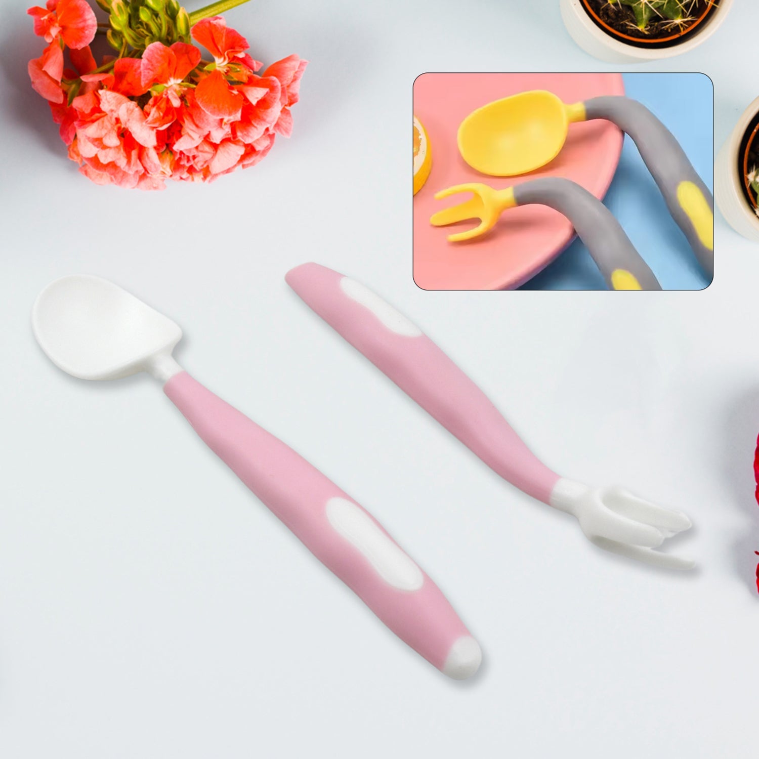 Silicone Bendable Kids Feeding Spoons And Forks, Toddler Utensils with Travel case, Baby Spoon and Fork Set for self-Feeding Learning Bendable Handle for Kid Children Toddlers (2 Pc Set) - Discount Karo