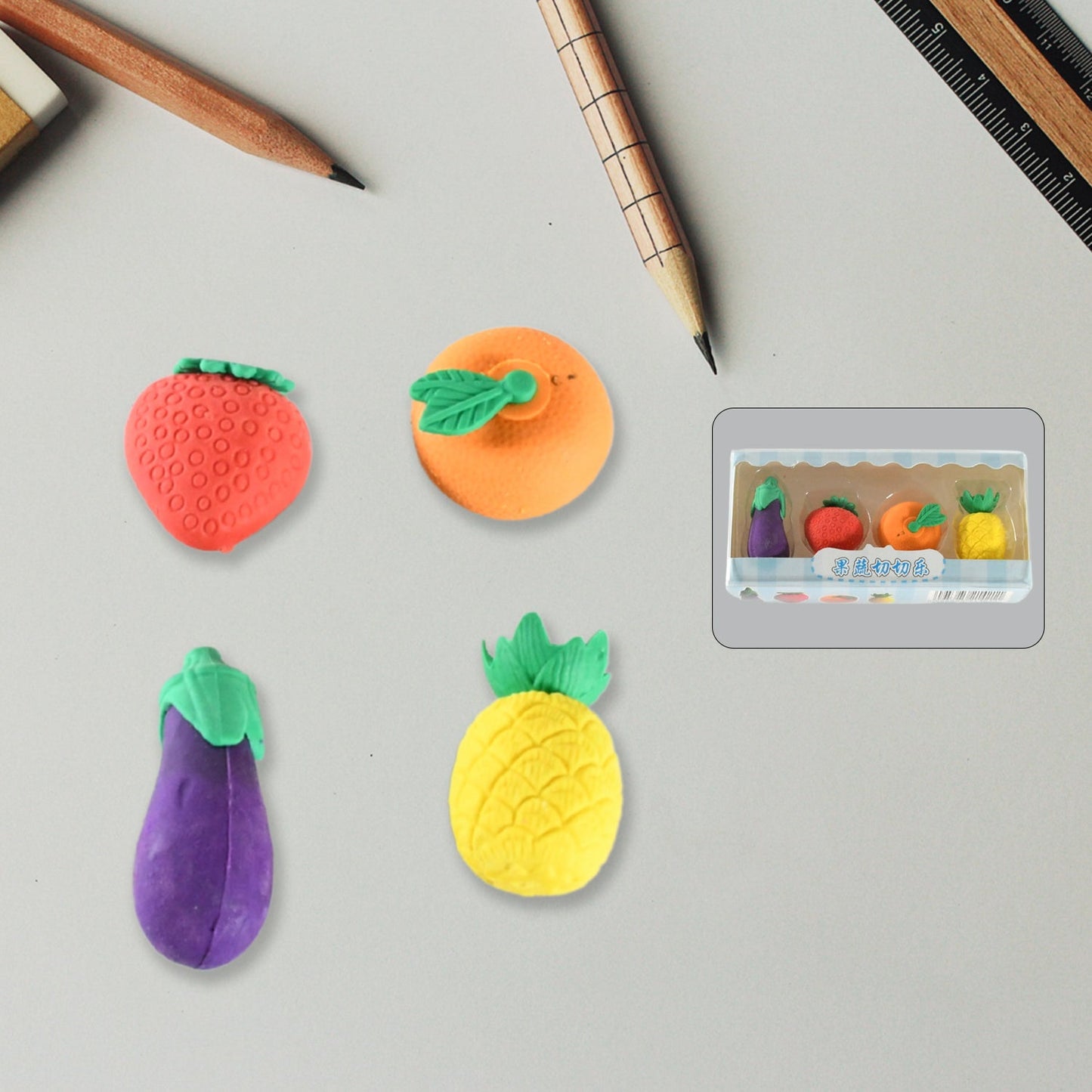 Mini Cute Vegetables and Fruits Erasers or Pencil Rubbers for Kids, 1 Set Fancy & Stylish Colorful Erasers for Children, Eraser Set for Return Gift, Birthday Party, School Prize, 3D Erasers  (4 pc Set) - Discount Karo