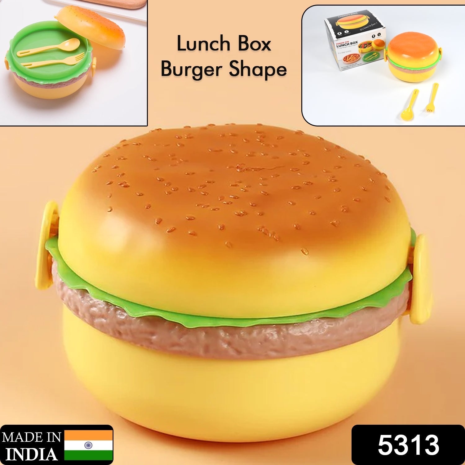 Burger Shape Lunch Box Plastic Lunch Box Food Container Sets Double Layer Lunchbox 1000ml With 2 Spoon Applicable to Kids and Elementary School Students - Discount Karo