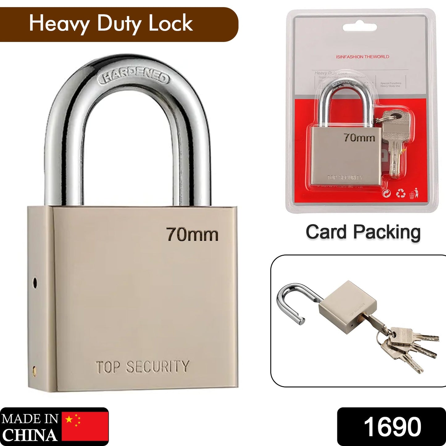 1690 Heavy Steel Premium Square Padlock 70mm With 4 Keys | Multipurpose Hardened Shackle Padlock for Door, Gate, Shutter and Home 