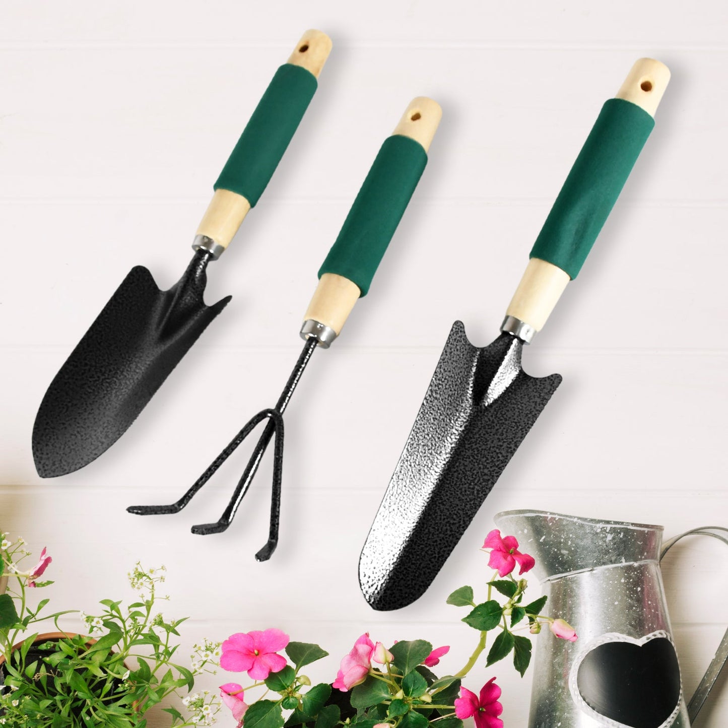 Gardening Tools - Hand Cultivator, Trowel, Heavy Duty with Ergonomic Wooden Handle for Transplanting and Digging (3 Pcs Set) - Discount Karo