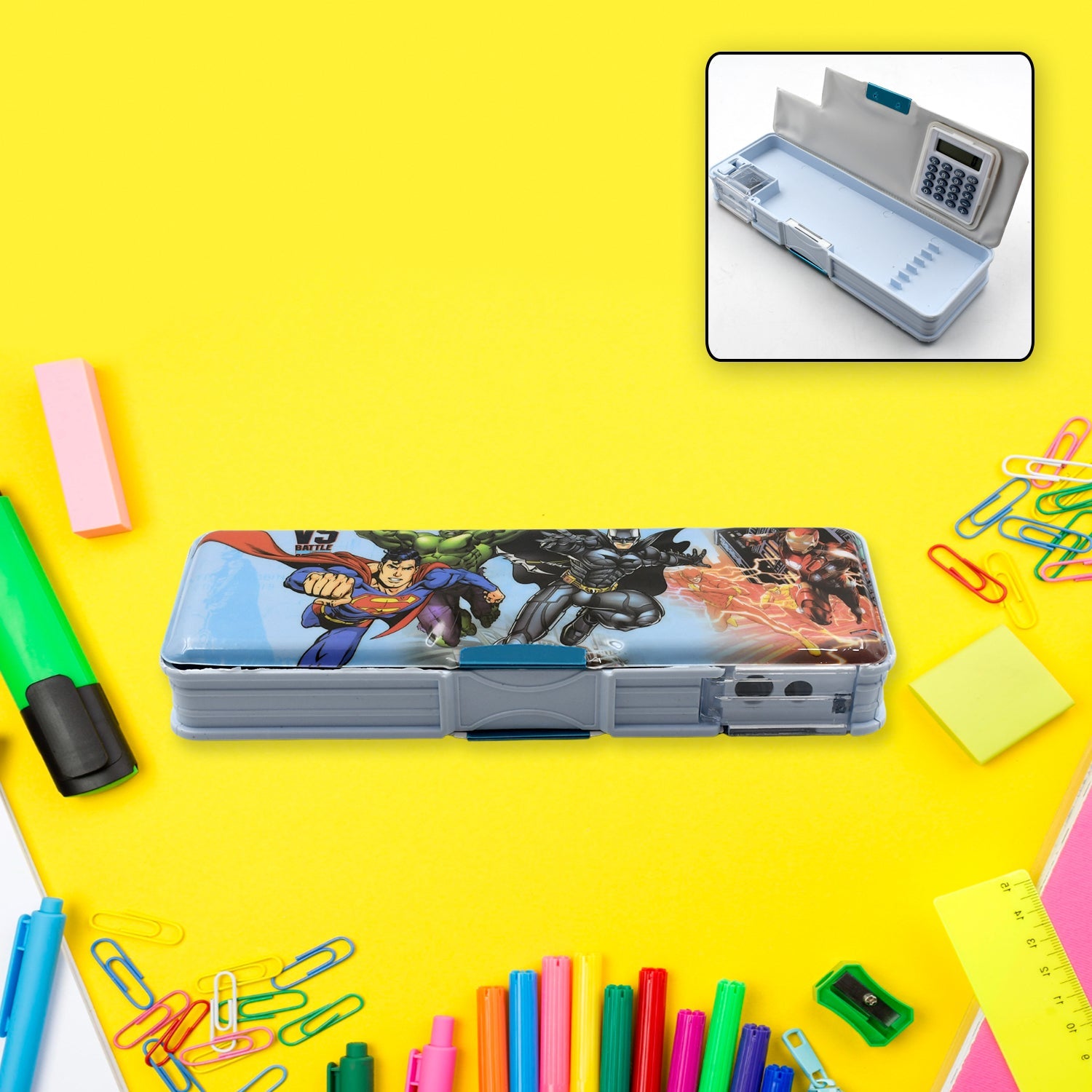 Double Sided Magnetic Geometry Box, Pencil Box with Calculator and Sharpener for Boys Art Plastic Pencil Box  for Girls and Boys - Discount Karo