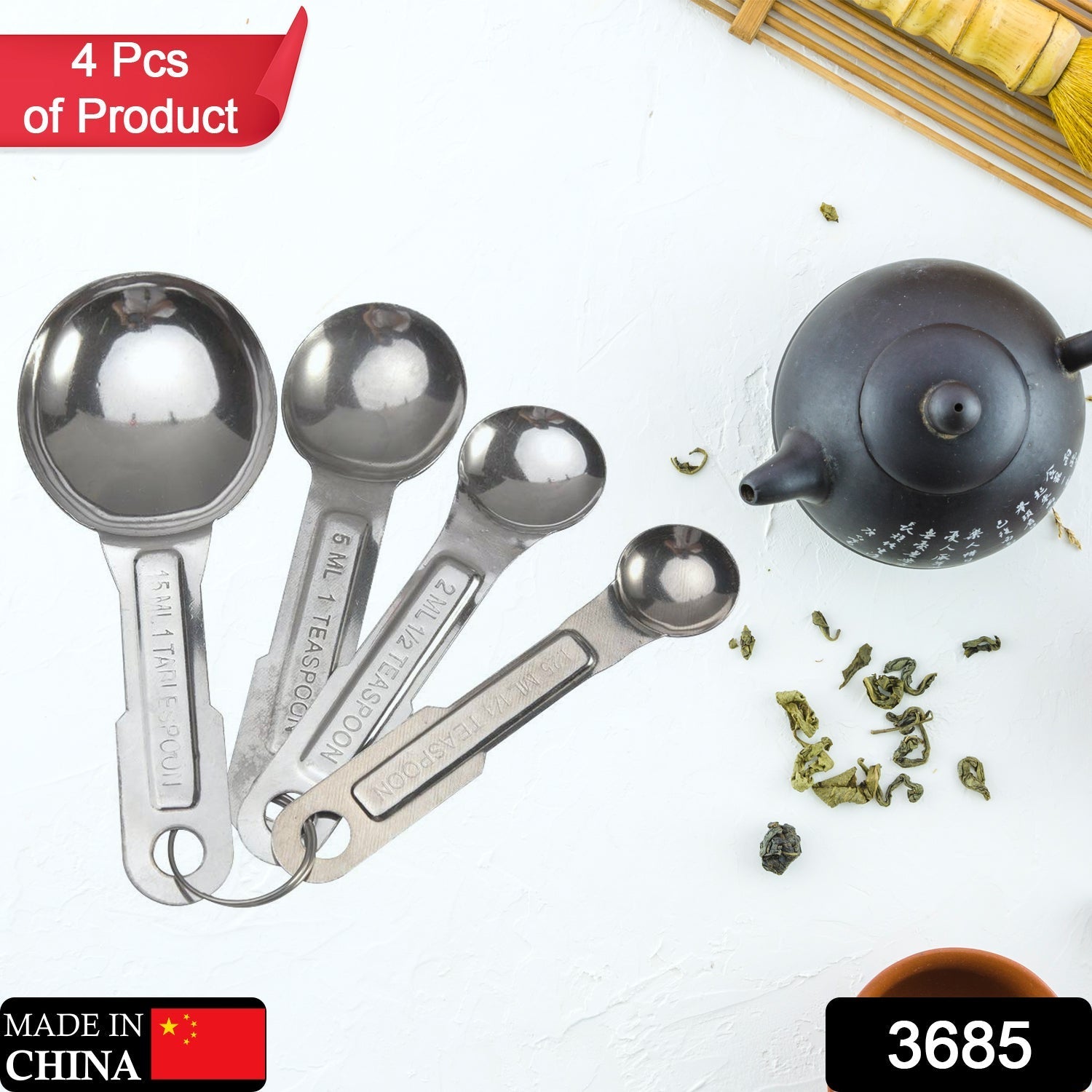 3685 Stainless Steel Measuring Spoons, 4pcs/set Durable Anti Rust Measuring Spoon Set Universal for Kitchen Baking. 