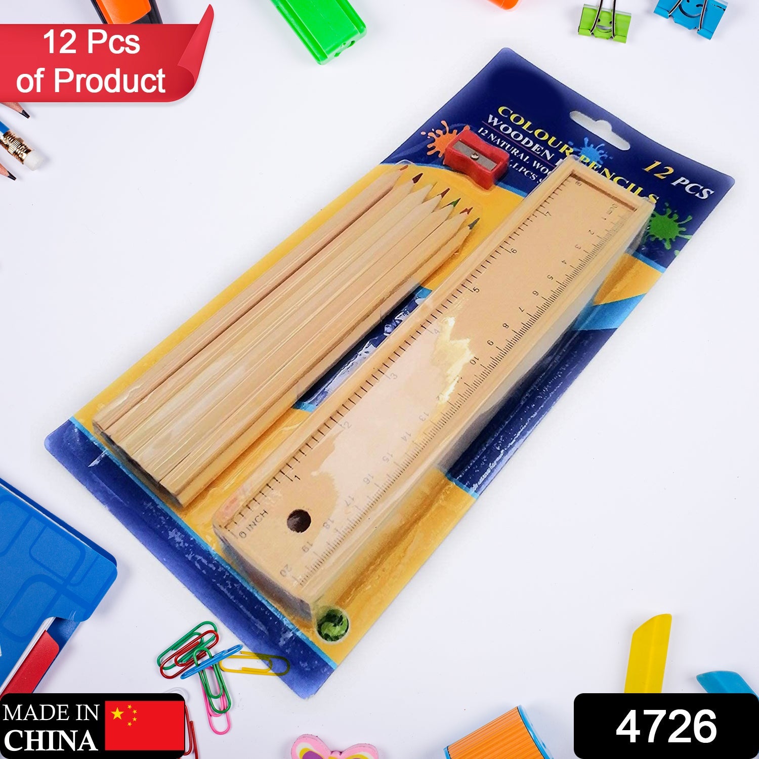 Colorful Wooden Pencil Set with Pencil box, Ruler, Sharpener For for Kids, Artist, Architect (12 Pcs Set) - Discount Karo