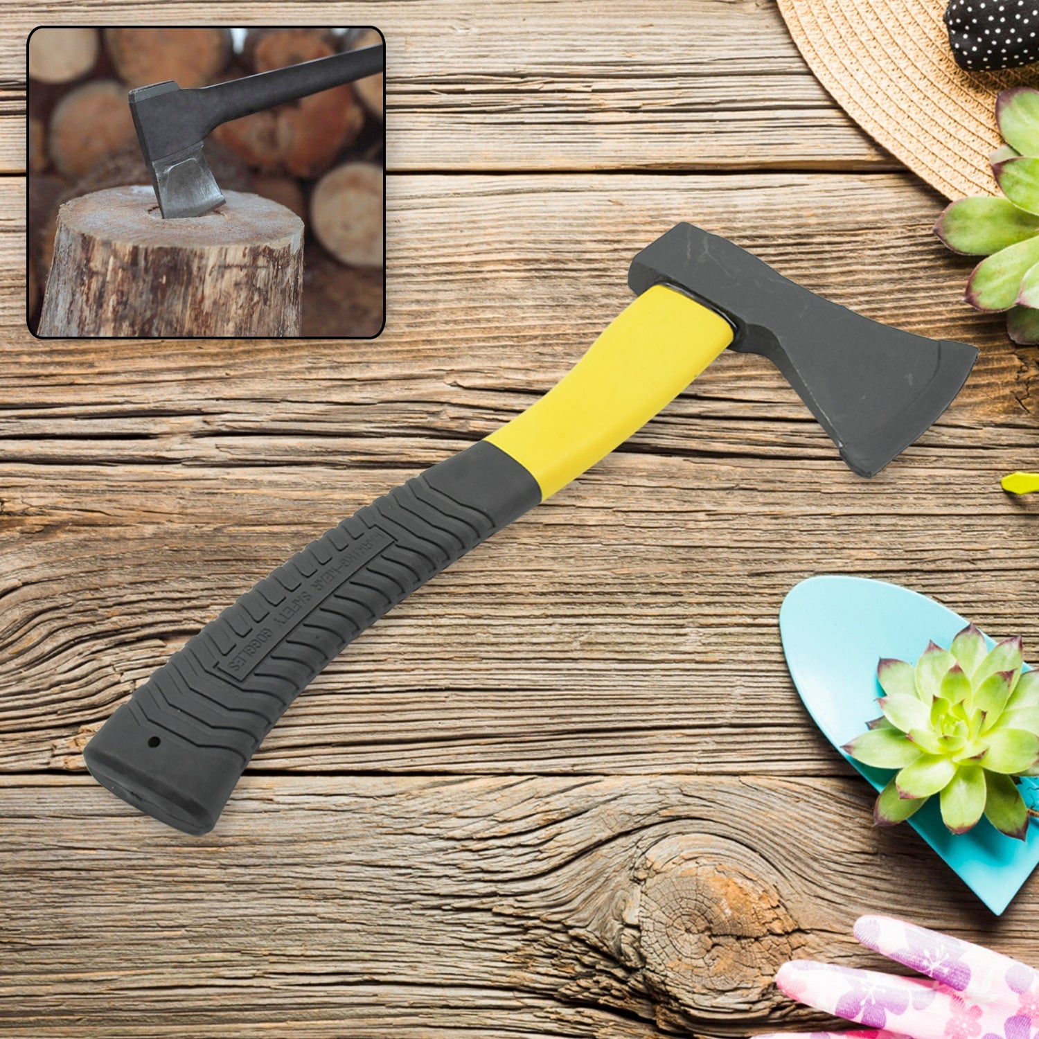 Gardening Tools Hatchet Axe Fiberglass Body Rubberized Handle Wood Cutting Axe, Camping Axe, Safety Axe, Pick Axe (972 Gm) - Discount Karo