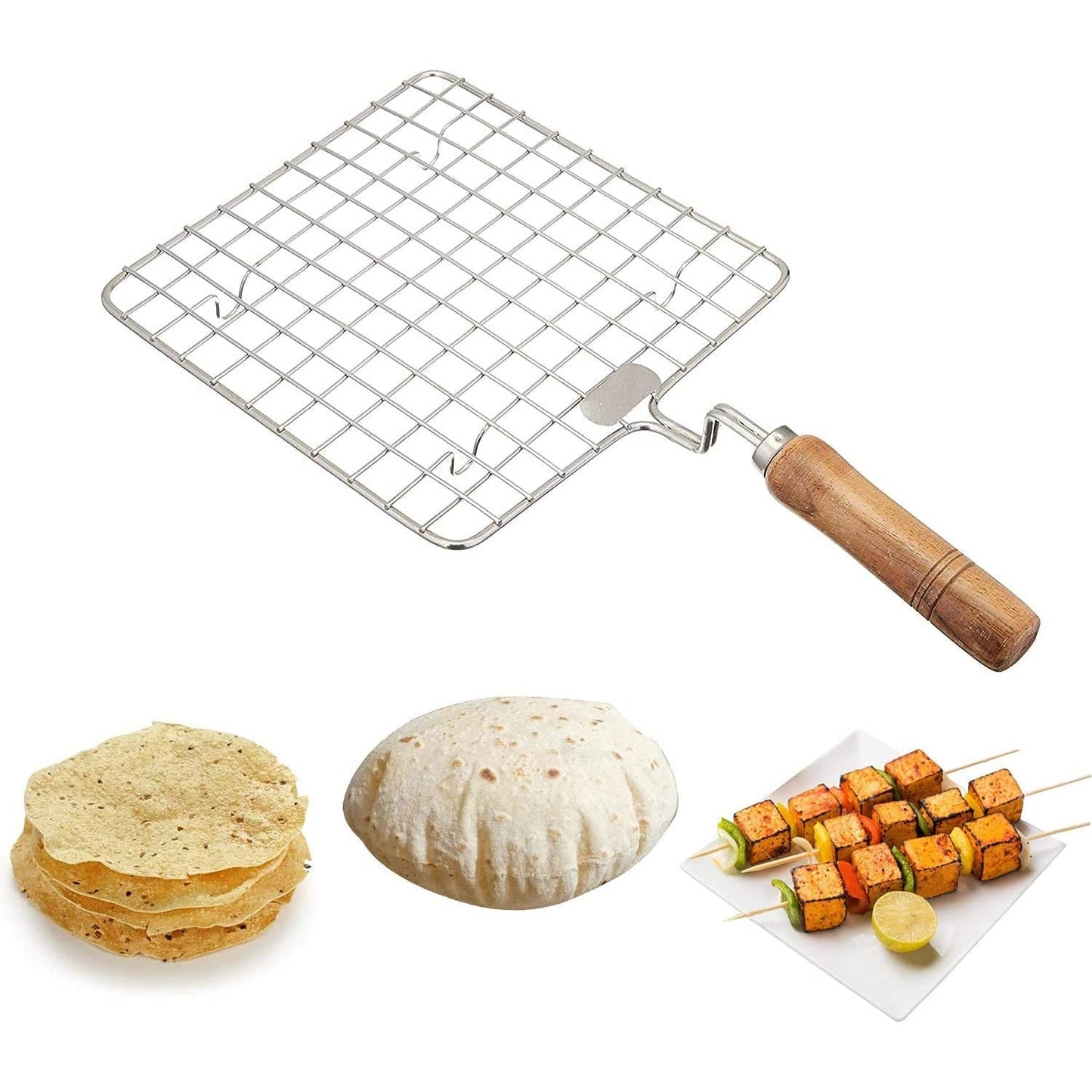 Kitchen Square Stainless Steel Roaster Papad Jali, Barbecue Grill with Wooden Handle - Discount Karo