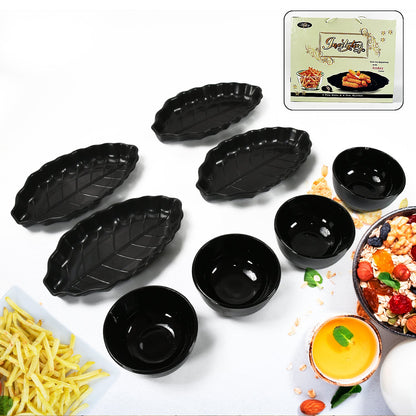 Invitation Round Ceramic Snacks Bowl With Plastic Leaf shape Serving platter Portable, Lightweight Breakfast, Serving Bowl | Ideal for Rice, Pasta, Desserts Home & Kitchen Serving Bowl & platter (8 Pcs set) - Discount Karo