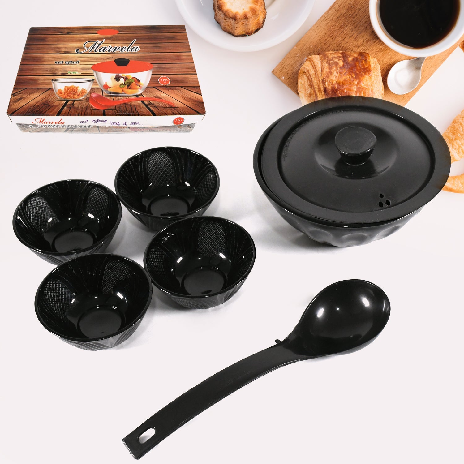 Marvela High Quality Dinning Dinner / Pudding Set 4 pcs Ceramic Medium Bowls, 1 Pc Ceramic big Bowl With 1 Pc Plastic Lid and 1 Pc plastic Serving Spoon, Lightweight Microwave, and Dishwasher Safe (7 Pcs set) - Discount Karo