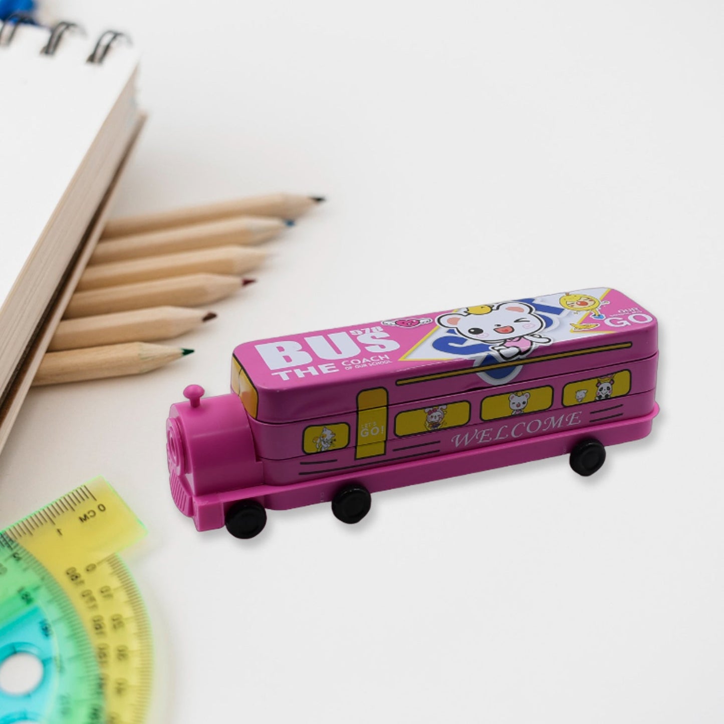 Double Decker Magic Bus Compass 2 Layer Metal Bus Compass Pencil Case with Movable Wheels & Sharpener Bus Shape with Tiers Metal Pencil Box for Kids Birthday Party - Discount Karo