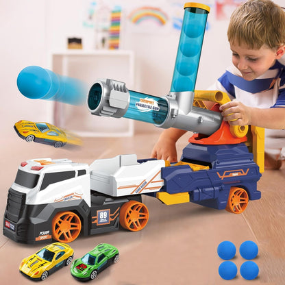 Truck Toys for Kids, Large Truck Toys Include 2 Racing Cars+4 Ball, with Light & Sounds, Eejection & Shooting Transport Cars Toy, Gifts for Boys Girls (Battery Not Included) - Discount Karo