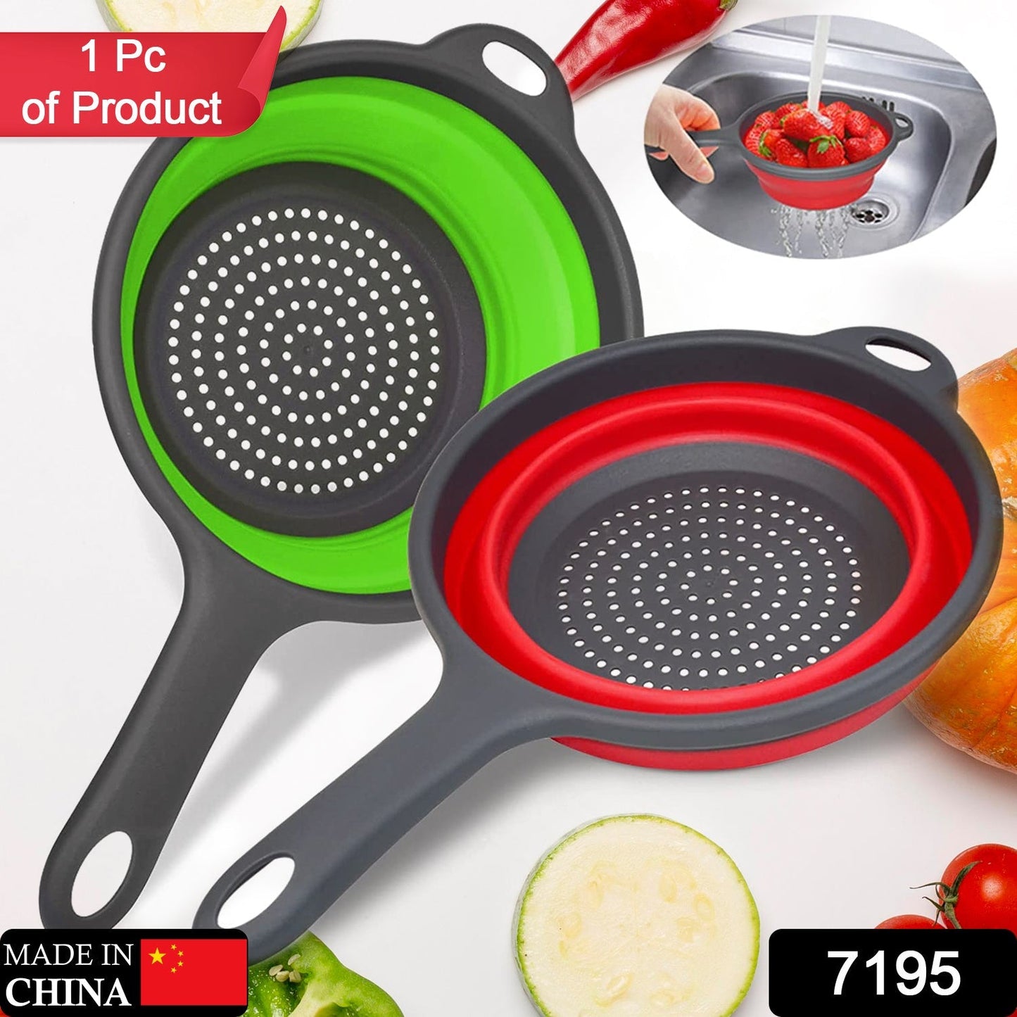 7195 Silicone Collapsible Colander Vegetable Fruit Washing Drain Strainer Basket Strainer Foldable Colander with Handle || Silicone Collapsible Colander || Fruit Basket Filter Drainer 