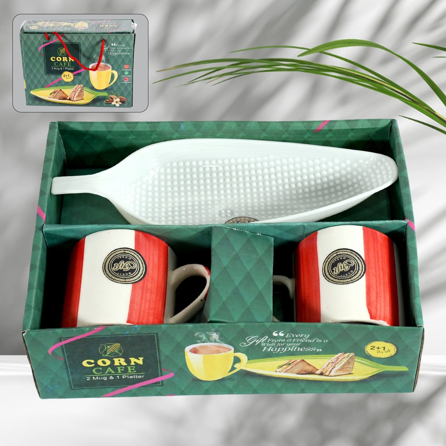 Corn Cafe Ceramic Tea / Cups Set Including Plastic Leaf Shape Serving Platter Milk Cup, Coffee Cup, Tea Cup, Breakfast Cup / Mug, or Outdoor for Household Gift For Birthday (3 Pcs Set) - Discount Karo