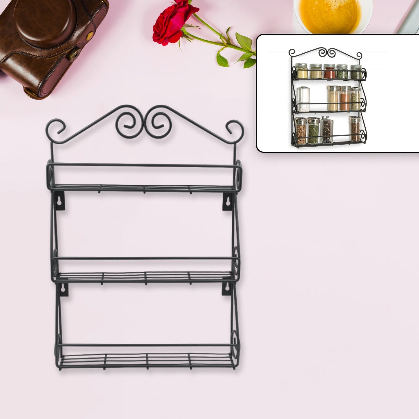 Big Wall Mounted Iron Wall Shelf with 3 Storage Racks for Kitchen, Pantry, Cabinet, Counter top or Free Standing, Rack Holder for Kitchen - Discount Karo