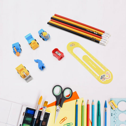 Pencil and Eraser Set, Construction Truck Theme Stationery Kit Includes 6 Pencils, 4 Erasers, 1 Sharpener, 1 Ruler Bookmark, 1 Pencil Cap Stationary For Birthday Gifts for Kids, Birthday Return Gifts (13 Pc set) - Discount Karo