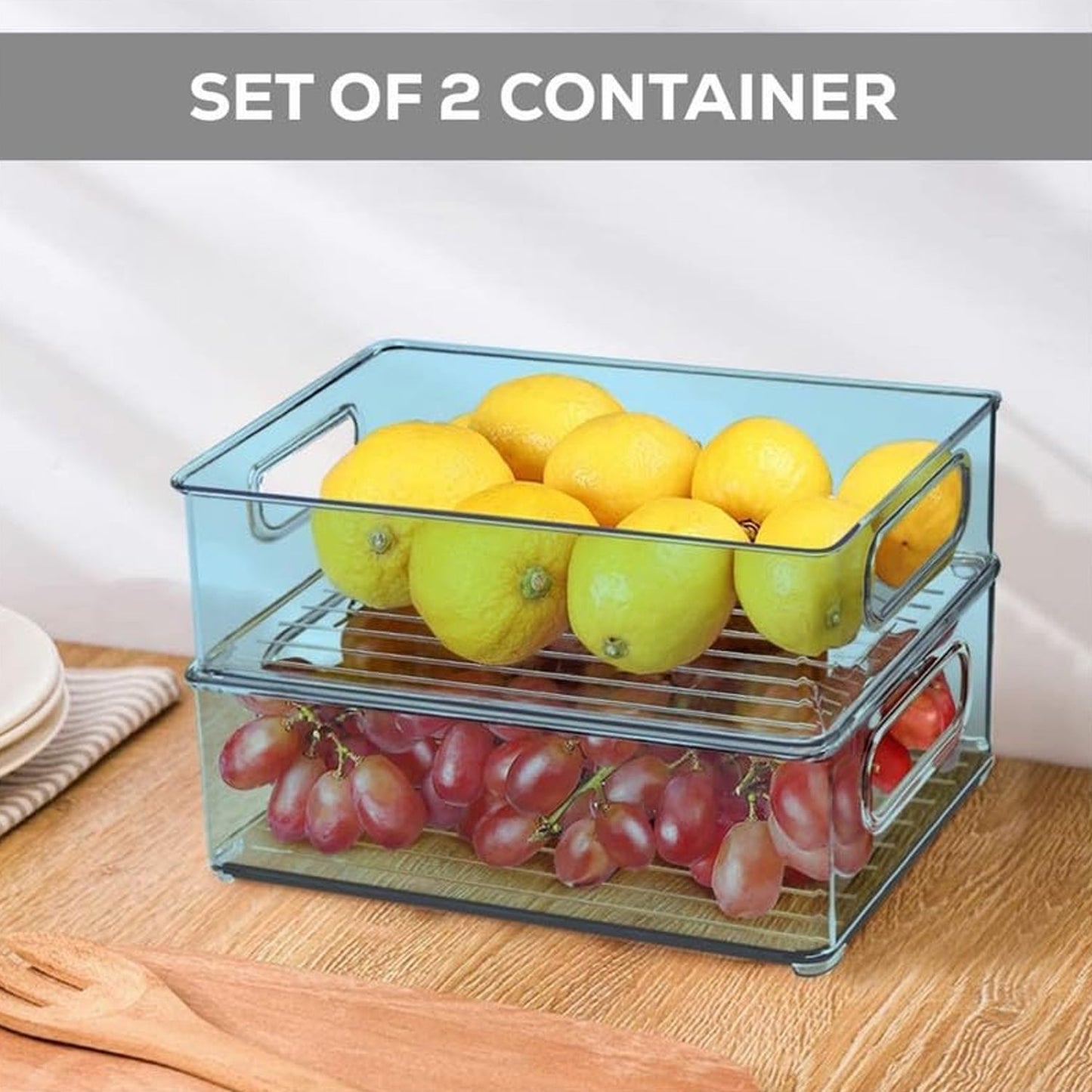 Plastic Refrigerator Organizer Bins, Set Of 2 Stackable Fridge Organizers with Handle, Clear Organizing Food Fruit Vegetables Pantry Storage Bins for Freezer kitchen Cabinet Organization and Storage (2 Pcs Set Mix Color) - Discount Karo