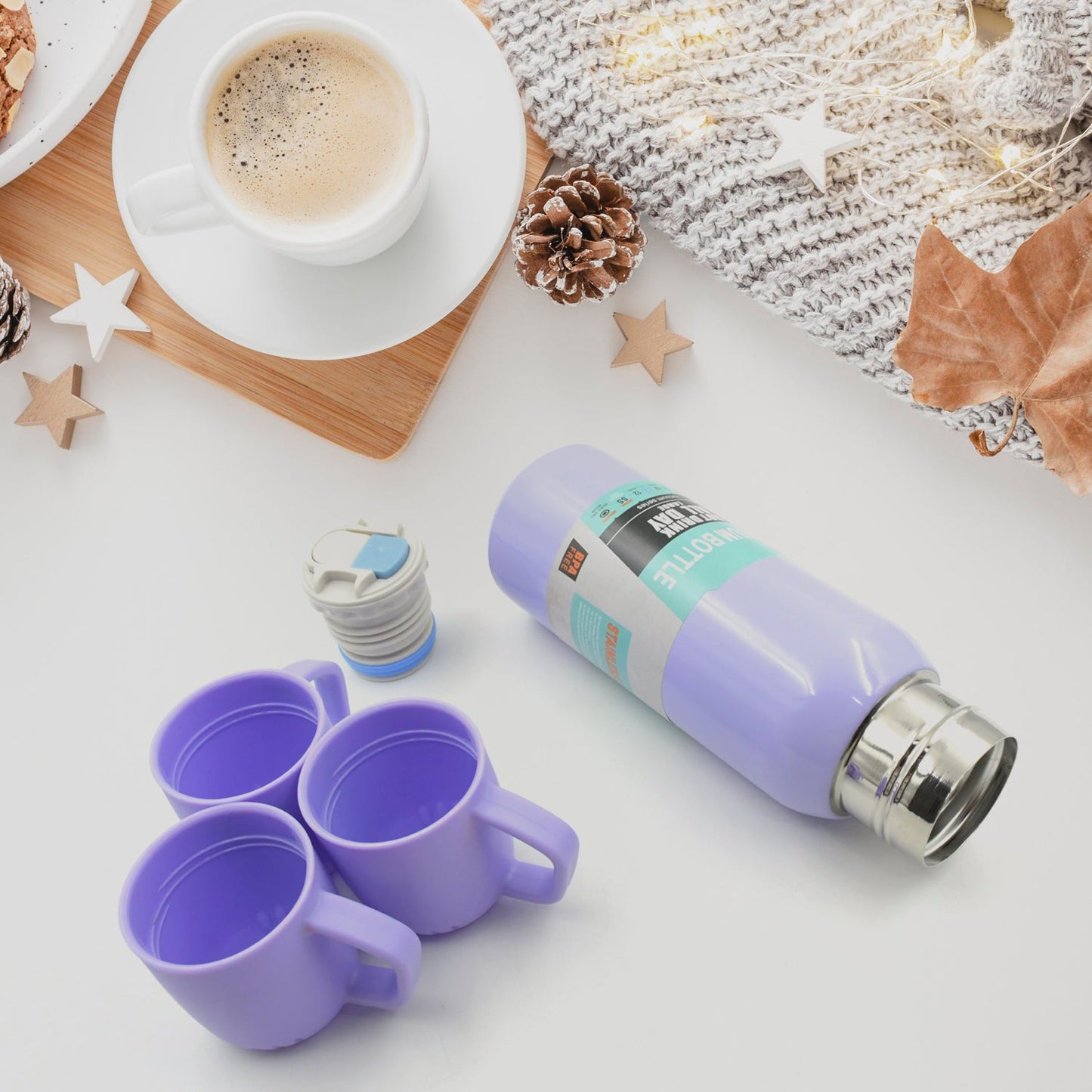 Vacuum Flask Set Stainless Steel Thermos With 3 Cup Creative Gift Set With Cover Handle Portable Car Water Bottle Set (Approx 500ml) - Discount Karo