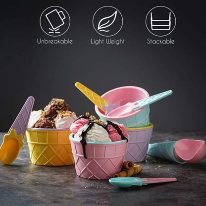 Ice-Cream Waffle Spoon Bowel Cup Set | Premium ice Cream Set | Ice-Cream Bowel with Spoon | 6 units Couple Bowl Set | Color Box - Discount Karo