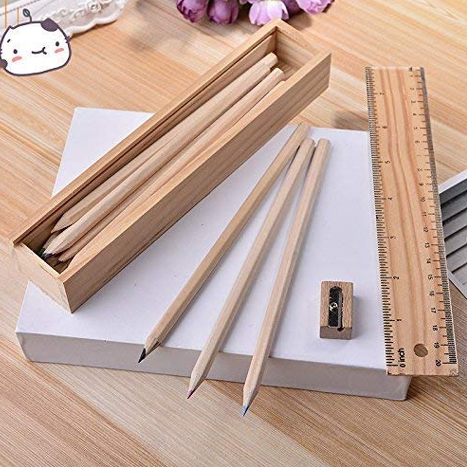 Colorful Wooden Pencil Set with Pencil box, Ruler, Sharpener For for Kids, Artist, Architect (12 Pcs Set) - Discount Karo