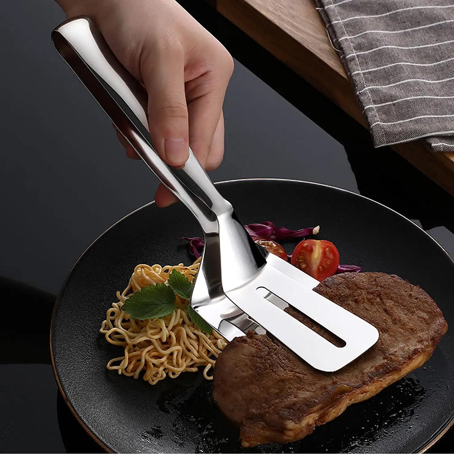 2918 Multifunction Cooking Serving Turner Frying Food Tong. Stainless Steel Steak Clip Clamp BBQ Kitchen Tong. 