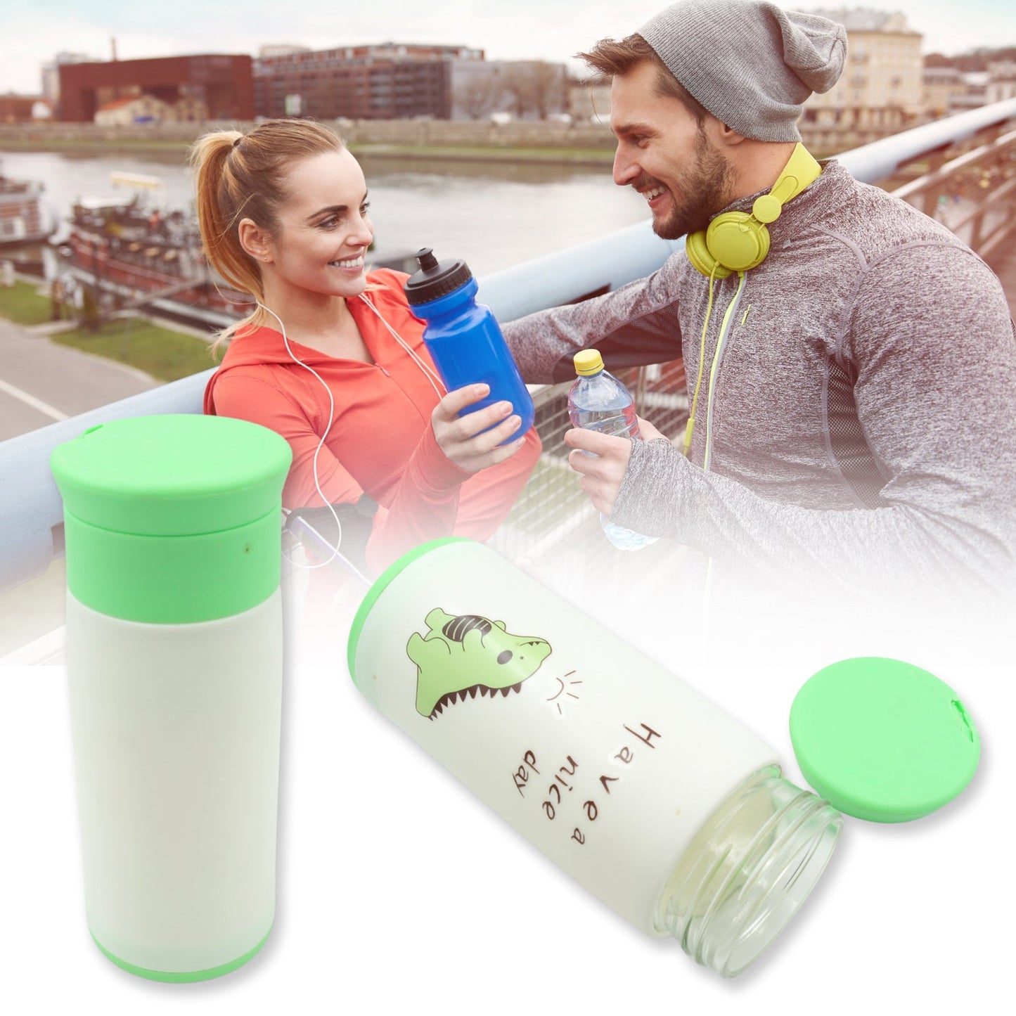 Outdoor Sport Glass water bottle 350ml leak proof BPA-free for travel cold and hot water glass water bottle with daily water intake for gym and children, Home, Travel, Office Use  (350ml) - Discount Karo