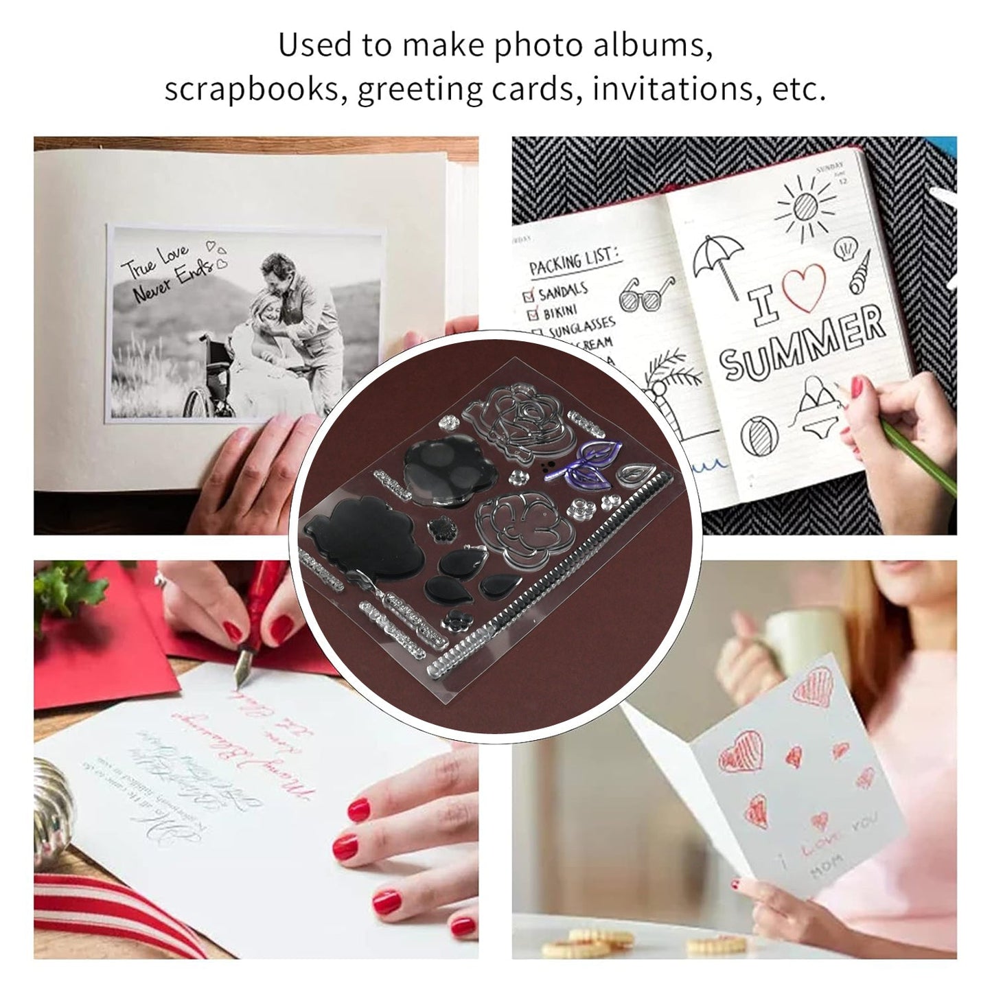 Reusable Rubber Stamp, TPR Stamp DIY Accessories Good Stamping Effect DIY Transparent Stamp Stick Repeatedly for Envelope for Diary for Invitation Letter, Photo Album Decoration for Paper Crafts (Mix Design / 1 Set) - Discount Karo