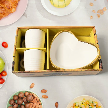 Snacks Hut Ceramic Tea / Cups Set With Heart Shape Plastic Serving Platter, Milk Cup / Mug, Coffee Cup, Tea Cup BPA Free Food Grade, or Outdoor for Household Gift For Birthday (3 Pcs Set) - Discount Karo