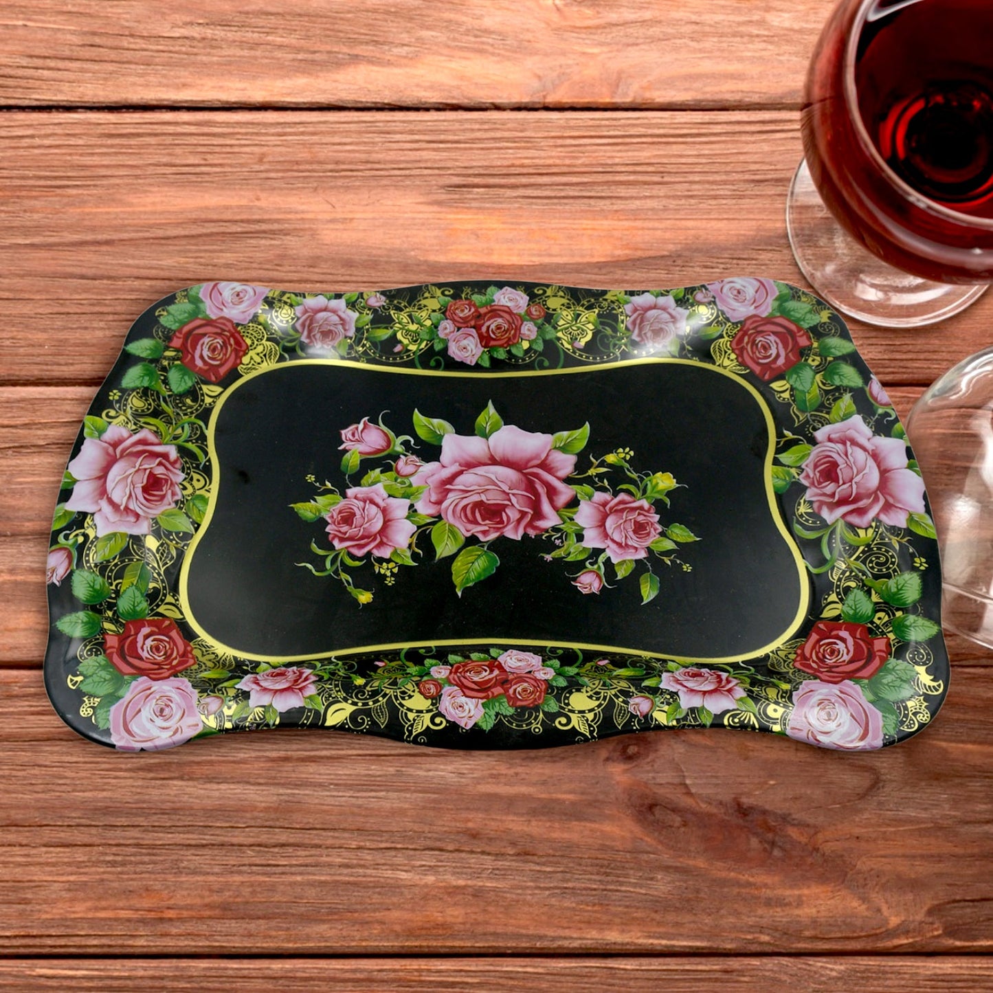 Stainless Steel Serving Tray With Flower Printed Rectangle Premium Dining Table Plate (18 x 8.5 Inch / 1 Pc) - Discount Karo