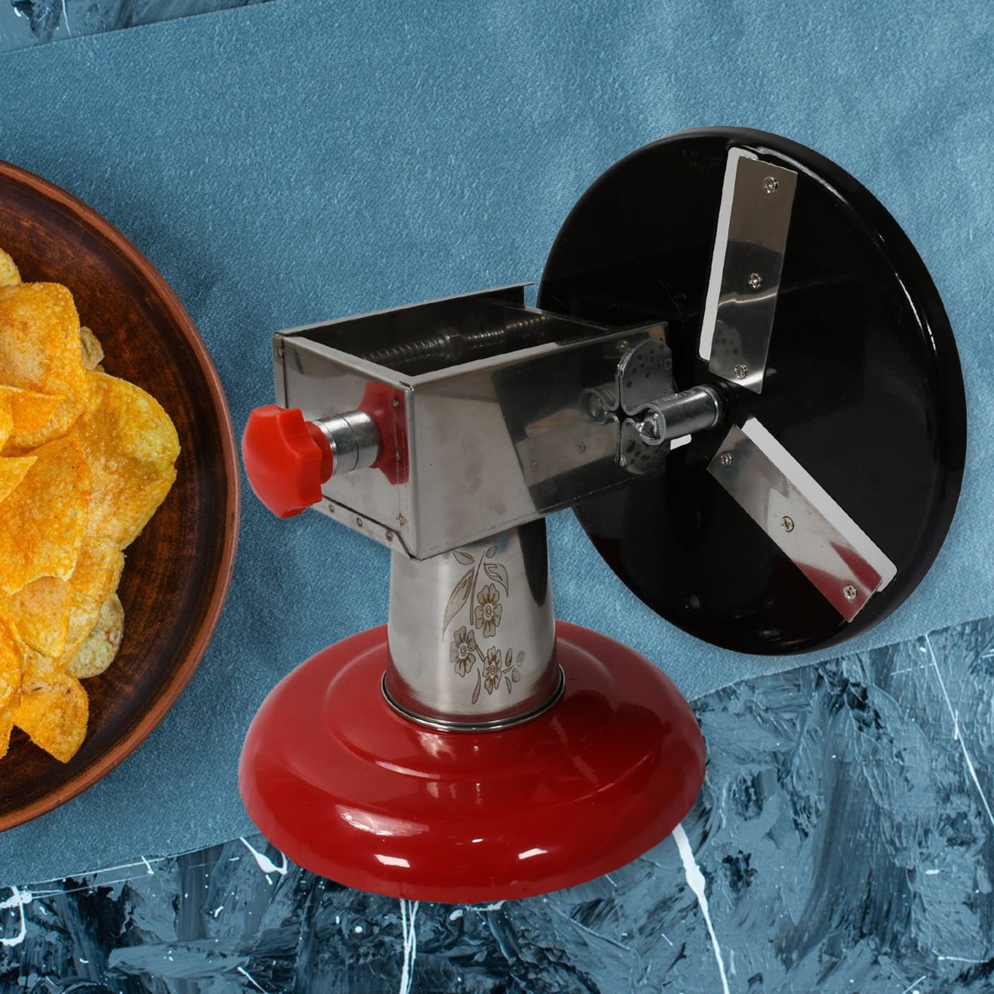 Stainless Steel Chips Maker and Vegetable Slicer for Kitchen Potato Slicer Graters and Chippers. Chips Maker is Suitable for Vegetable Cuttings. Chips Maker Consist Hard Coated Iron Wheel and Stand. - Discount Karo