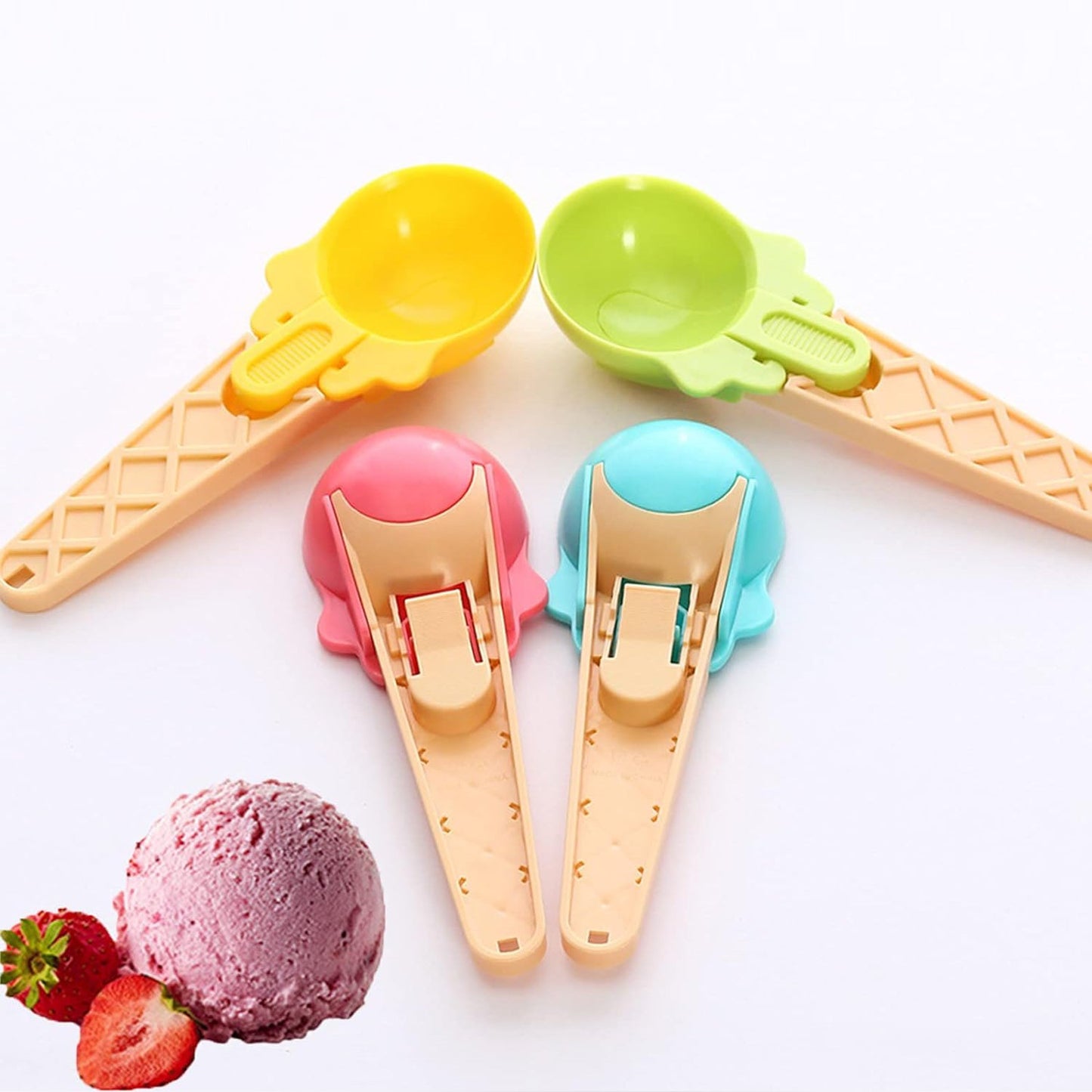 Ice Cream Spoons 2pcs Plastic Water Melon Scoopers with Trigger Dipper and Adults for Summer Party Ice Cream Scoop, Food Serving Spoon Kitchen Tools Ice Cream Digging Spoon Household Spoons Cupcake Spoons Aps Fruit Ball Player (2 Pc) - Discount Karo