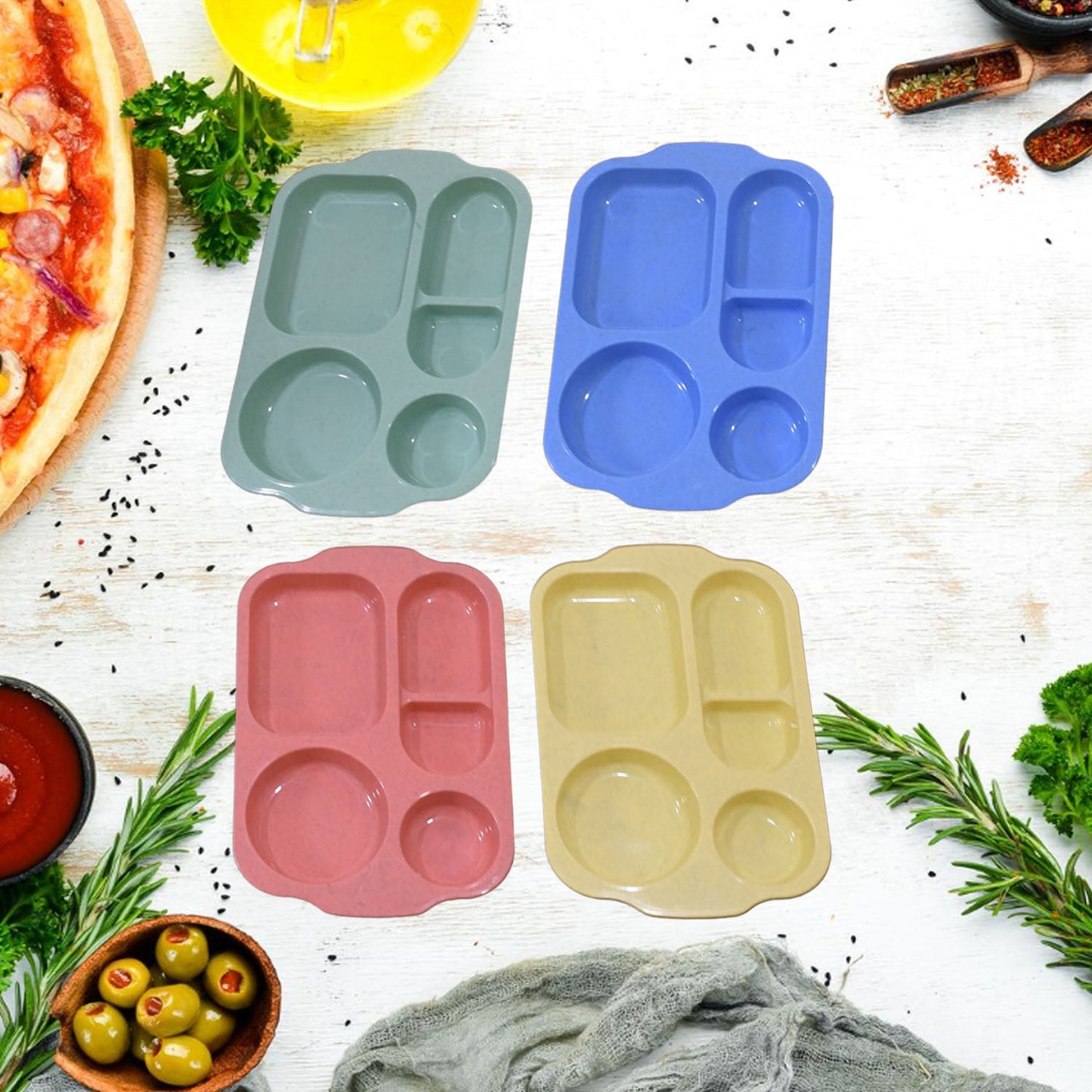 Divided Plates, 5 Compartments 32 CM Split Plates, Shatterproof Separating Plates For Kids And Adults, Microwave and Dishwasher Tableware Set, Multi-Colour, Modern (4 Pc Set) - Discount Karo