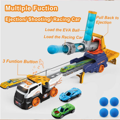 Truck Toys for Kids, Large Truck Toys Include 2 Racing Cars+4 Ball, with Light & Sounds, Eejection & Shooting Transport Cars Toy, Gifts for Boys Girls (Battery Not Included) - Discount Karo