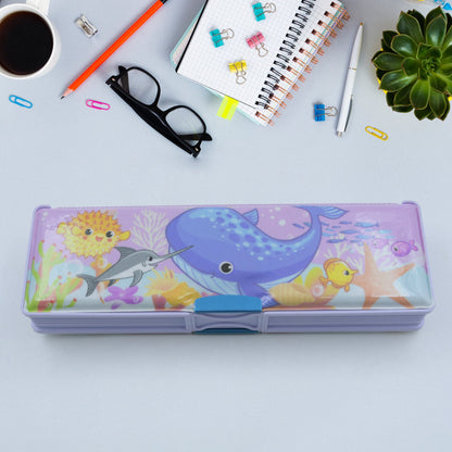 Multipurpose Compass Box, Plastic Double Deck Pencil Case with 2 Compartments, Supplies Utility Box Storage Organizer, Pencil Box for School, Cartoon Printed Pencil Case for Kids, Birthday Gift for Girls & Boys - Discount Karo