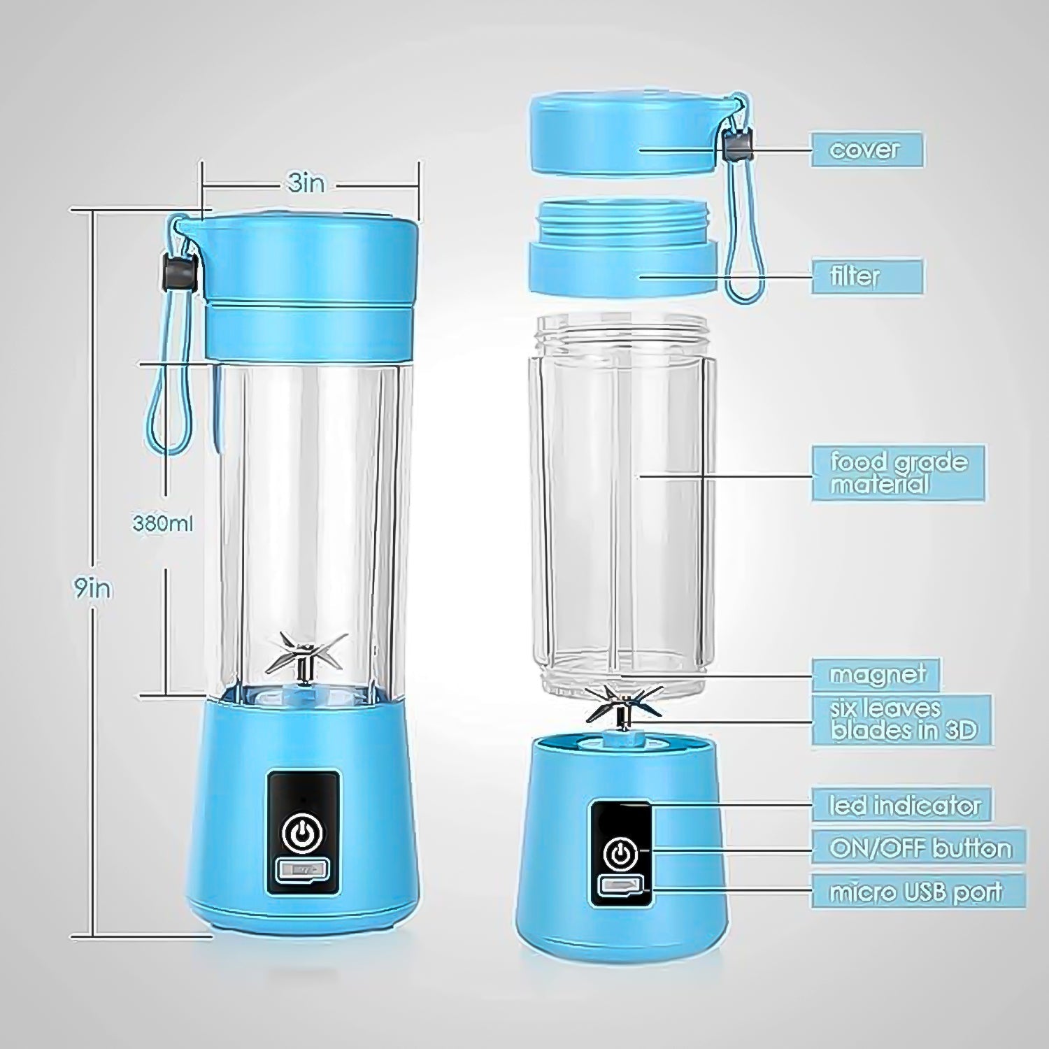 Portable Electric USB Juice Maker Juicer Bottle Blender, Grinder Mixer, 4 Blades Rechargeable Bottle (380 ML / Mix Color) - Discount Karo