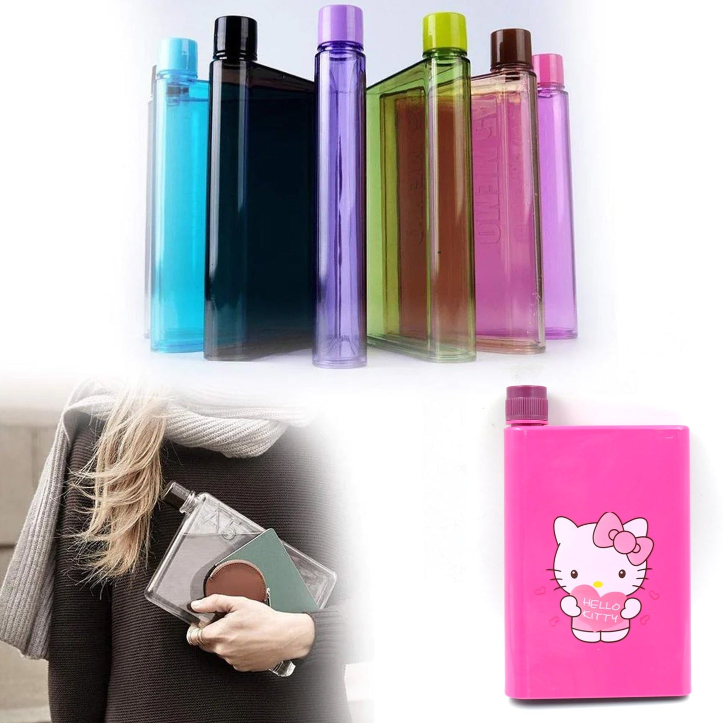 Kitchen Storage A5 size Flat Portable NoteBook Shape Water Bottle With a Cartoon Character Design-Hello Kitty - For School Outdoors and Sports Return Gift/Birthday Gift (1 Pc 420ML) - Discount Karo