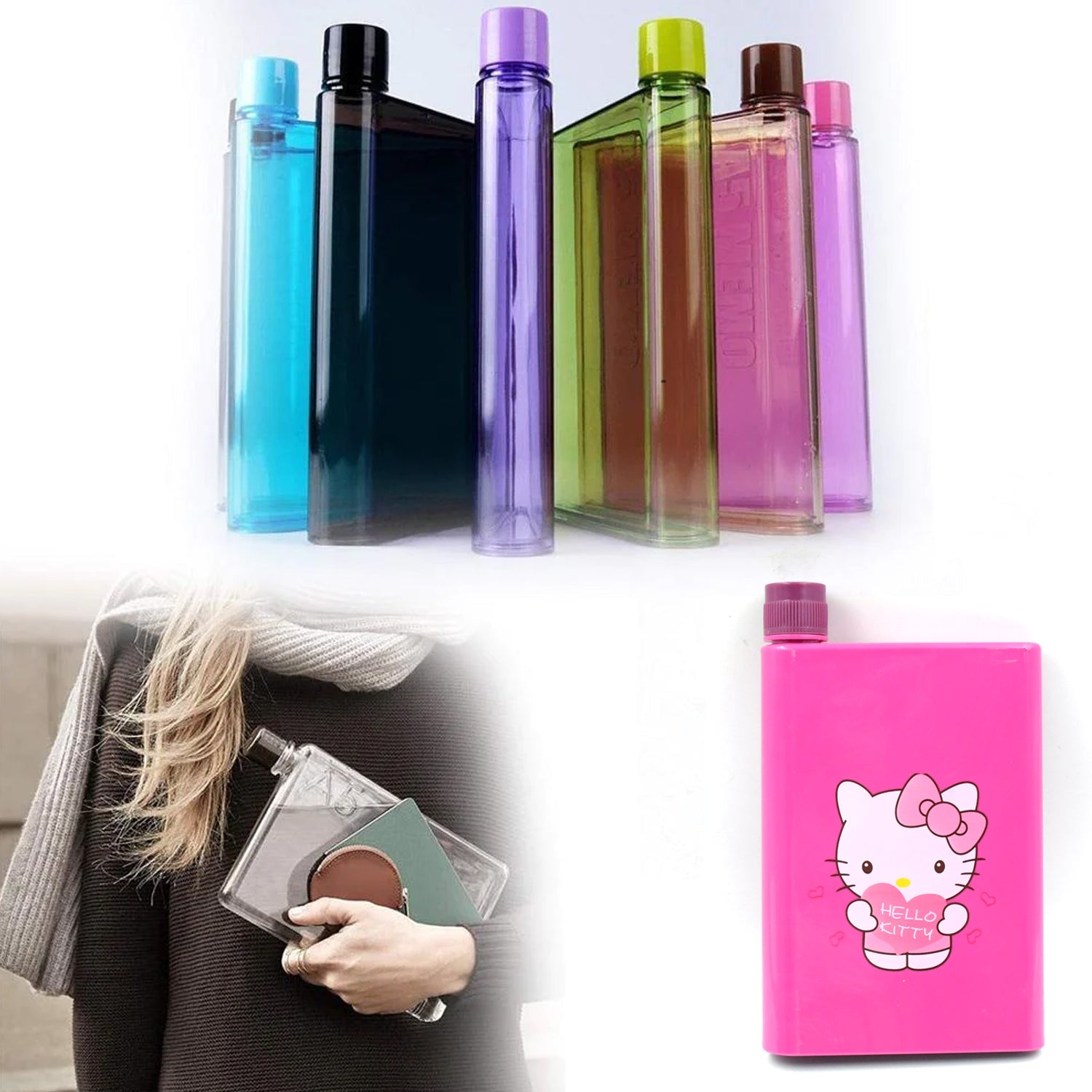 Kitchen Storage A5 size Flat Portable NoteBook Shape Water Bottle With a Cartoon Character Design-Hello Kitty - For School Outdoors and Sports Return Gift/Birthday Gift (1 Pc 420ML) - Discount Karo