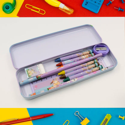 School Supplies Stationery Kit with 1 Pencil Box Case 2 Pencils 6 Crayon Colors 1 Ruler Scale 1 Eraser 1 Sharpener Stationary Kit for Girls Pencil Pen Book Eraser Sharpener Crayons - Stationary Kit Set for Kids Birthday Gift (12 Pc Set) - Discount Karo