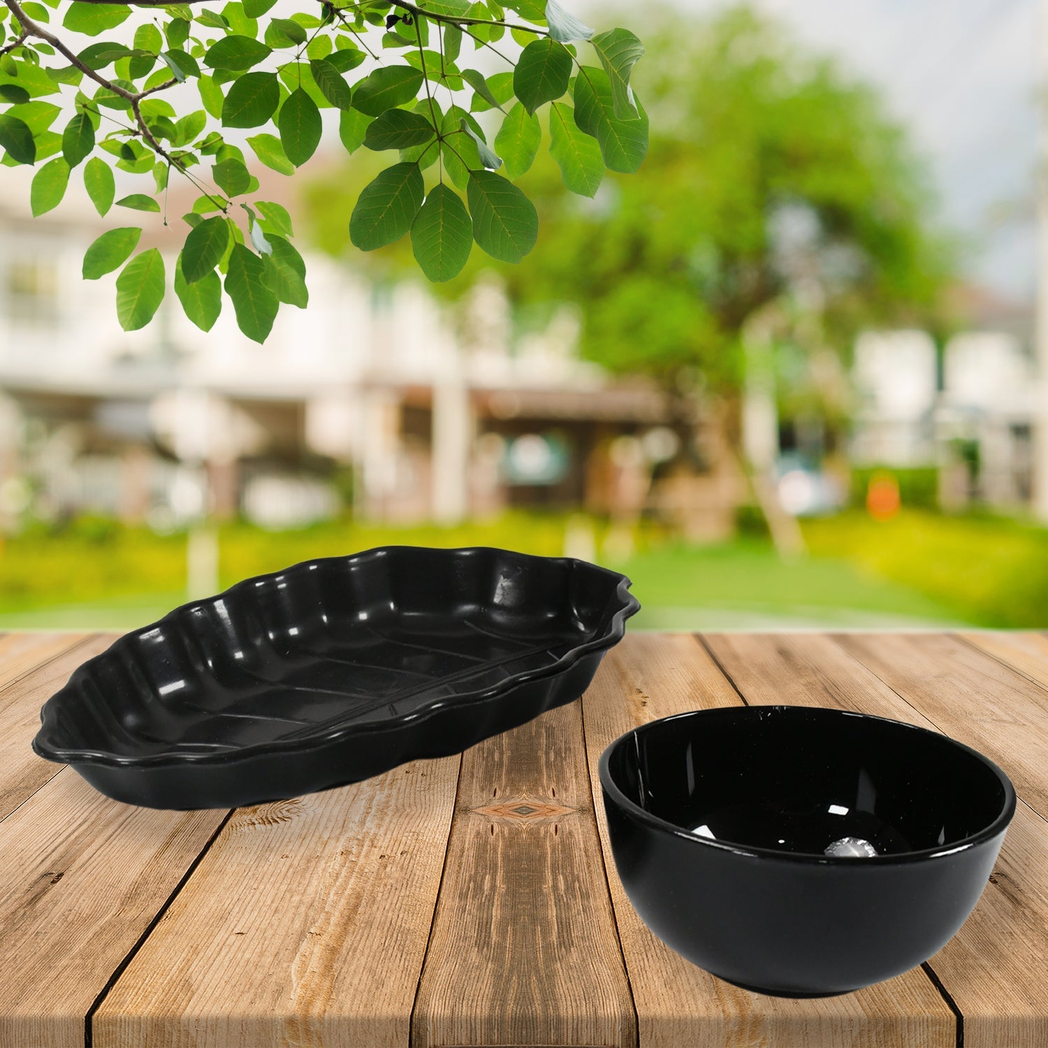 Invitation Round Ceramic Snacks Bowl With Plastic Leaf shape Serving platter Portable, Lightweight Breakfast, Serving Bowl | Ideal for Rice, Pasta, Desserts Home & Kitchen Serving Bowl & platter (8 Pcs set) - Discount Karo