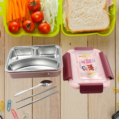 Food‑Safe Materials Kids Lunch Box With steel  Spoon & chopsticks Compartment is Designed Made of 304 Stainless Steel Easy to Clean for School for Camping for Work for Home, Office - Discount Karo