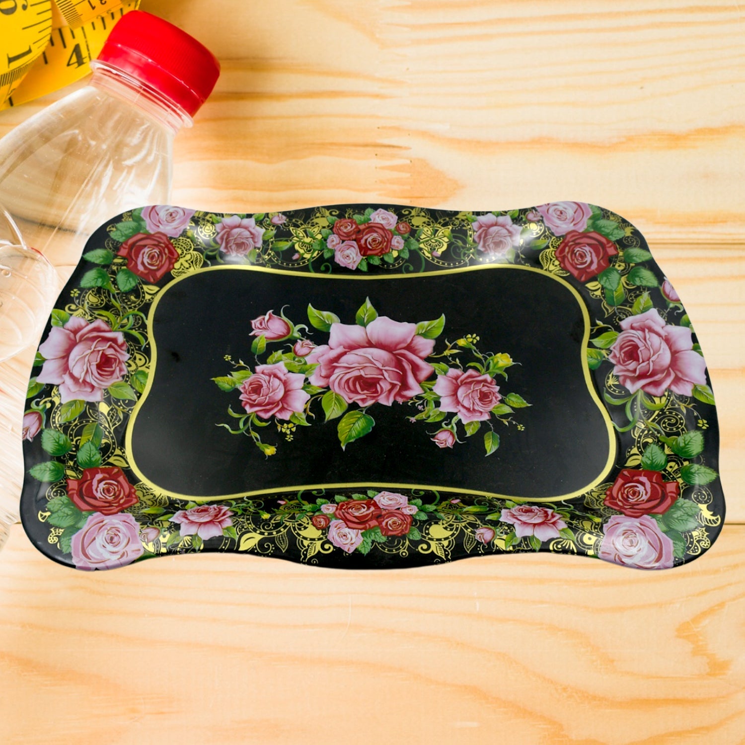 Stainless Steel Serving Tray With Flower Printed Rectangle Premium Dining Table Plate (18 x 8.5 Inch / 1 Pc) - Discount Karo